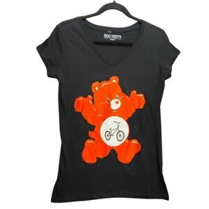Ride Roots Womens T-Shirt Size Medium Black Hearts Care Bear BMX V Neck